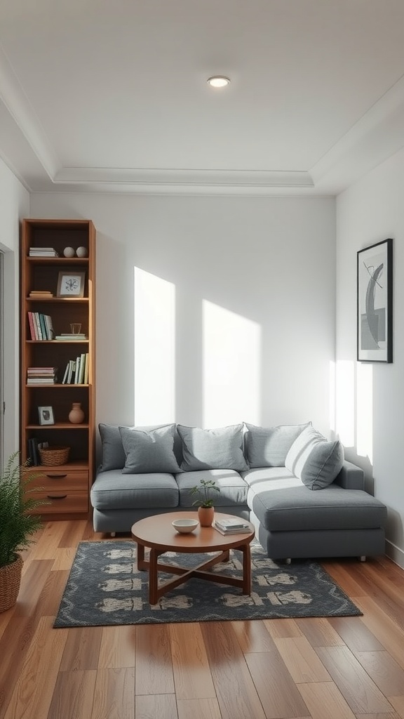 Small living room with a sectional sofa and a built-in bookshelf, featuring natural light.