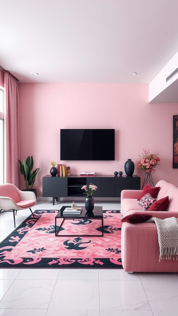 A contemporary living room featuring pink walls, a pink sofa, black accents, and a stylish rug.