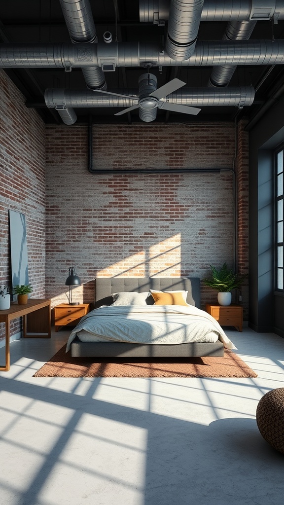 A contemporary urban loft bedroom featuring exposed brick walls, minimal furnishings, and industrial ceiling pipes.