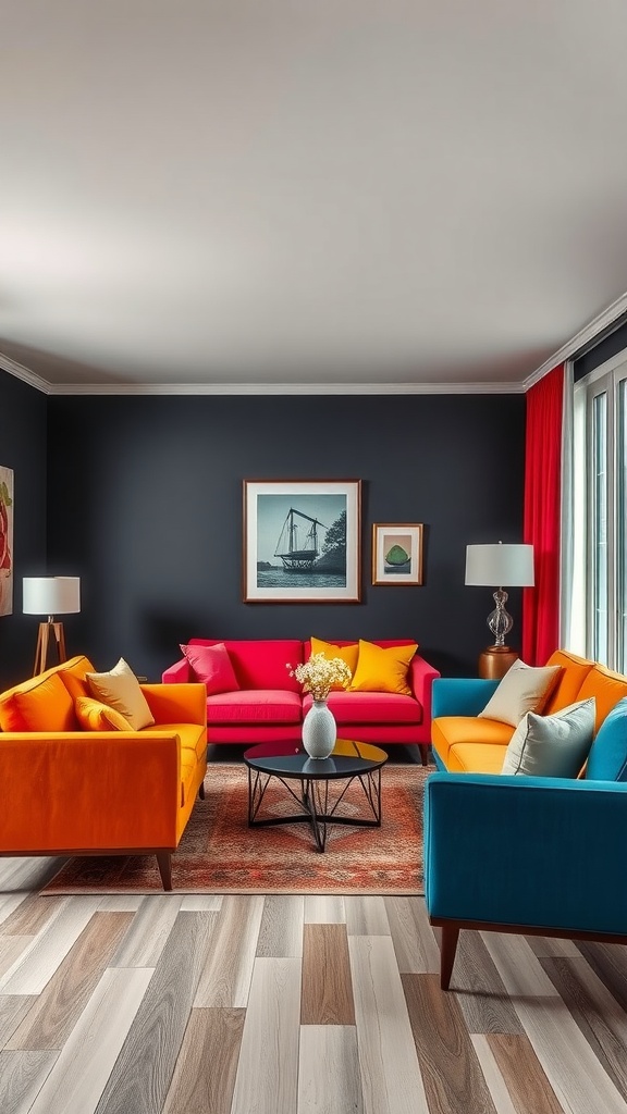 A living room featuring bright red, blue, and orange sofas with a stylish rug and contemporary decor.