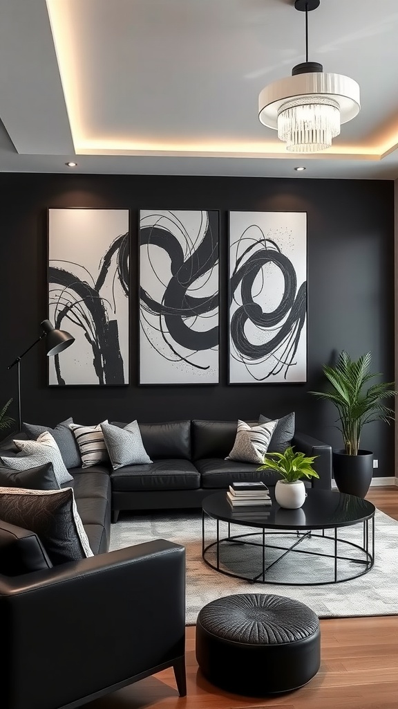 A modern black living room featuring dark furniture, ambient lighting, and contrasting artwork.