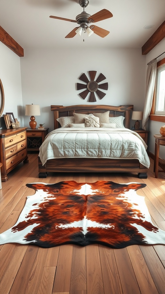 A cozy western bedroom featuring a cowhide accent rug under a wooden bed