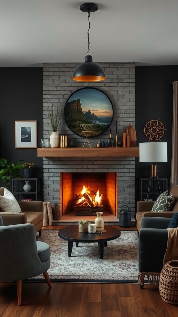 Cozy living room featuring a brick fireplace, dark walls, and inviting furniture.