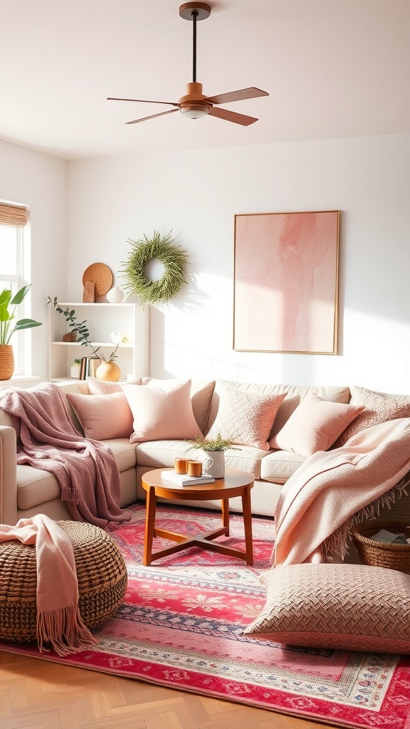 Cozy pink living room with soft textiles, cushions, and a patterned rug