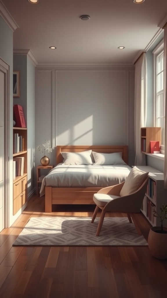 A cozy reading nook in a stylish bedroom featuring a wooden bed, a comfortable chair, and bookshelves.