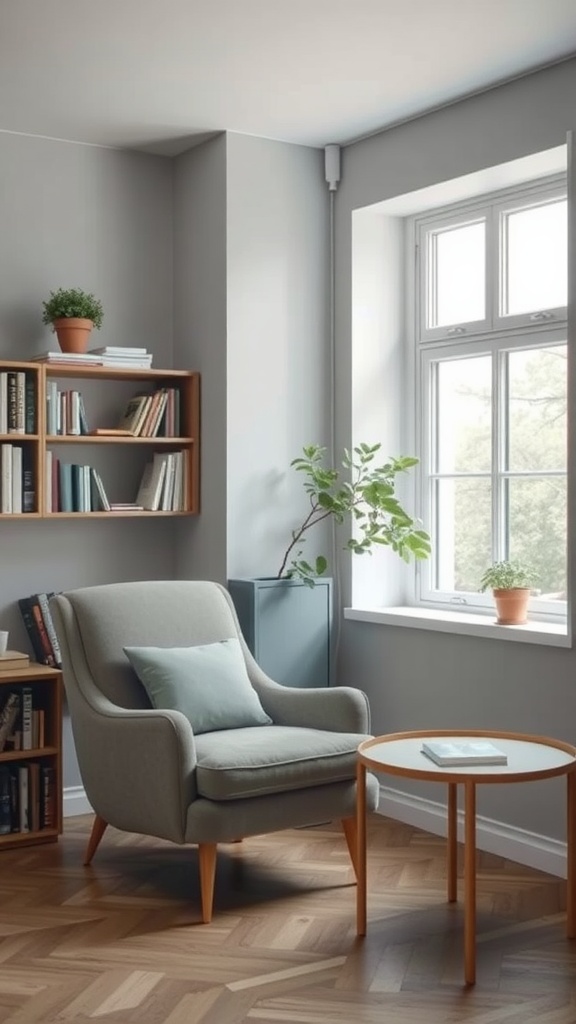 Cozy reading nook with a chair, bookshelf, and plants