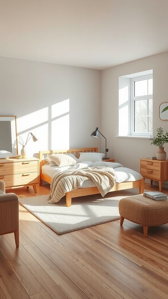 Cozy Scandinavian bedroom with wooden furniture and warm lighting