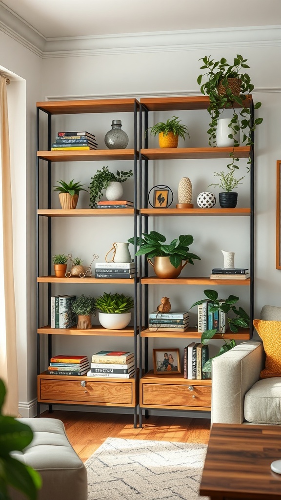 A stylish wooden shelving unit displaying plants, books, and decorative items in a cozy living room.