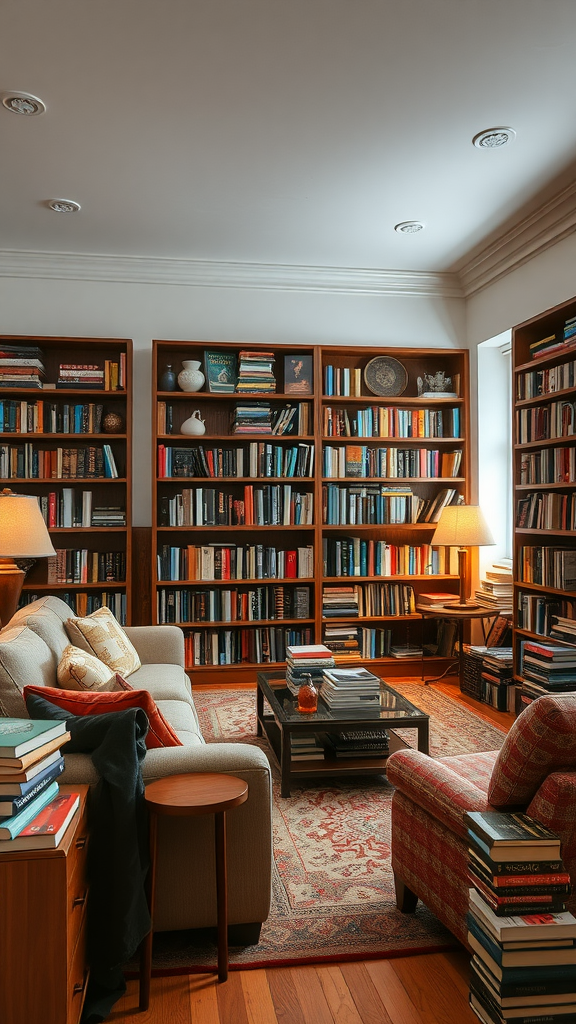 Cozy living room with a bookshelf, comfortable seating, and warm lighting