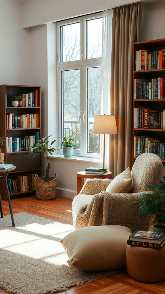 Cozy reading nook with a chair, blankets, and a bookshelf.