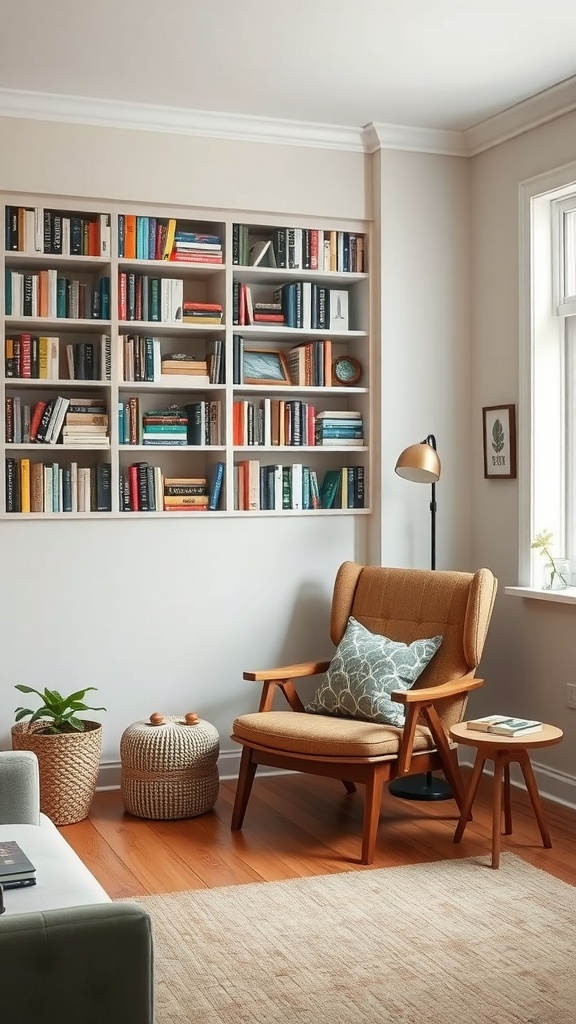 Cozy reading nook with a comfortable chair, bookshelves, and warm lighting