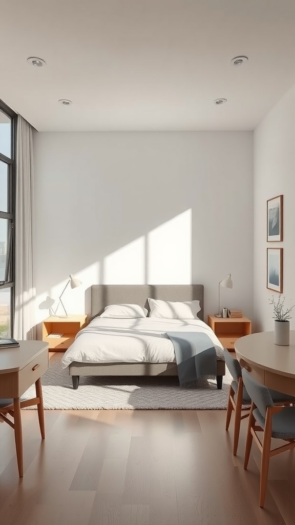 A minimalist bedroom with a bed, wooden nightstands, and a desk.