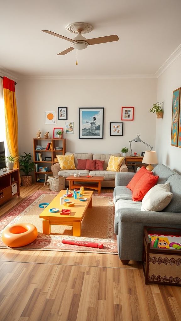 A colorful living room designed for kids, featuring playful decorations and soft furniture.