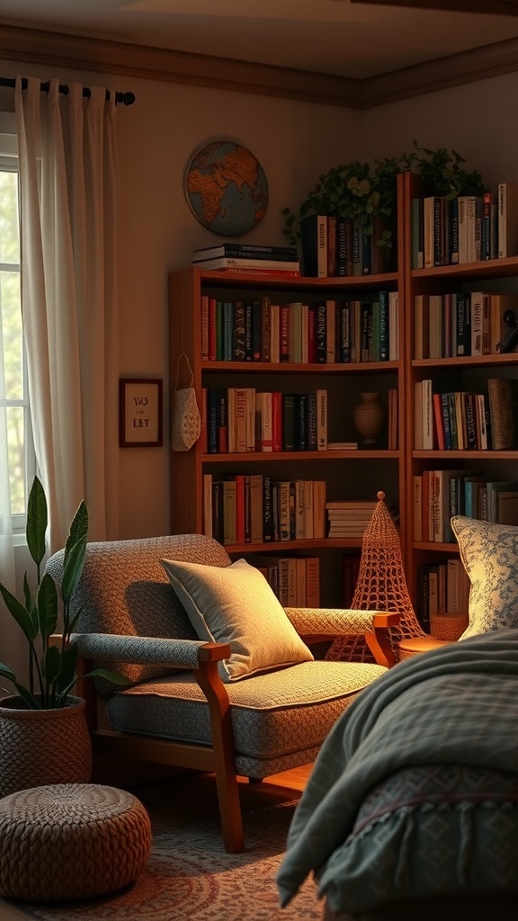 A cozy reading nook with a chair, bookshelves, and soft lighting.