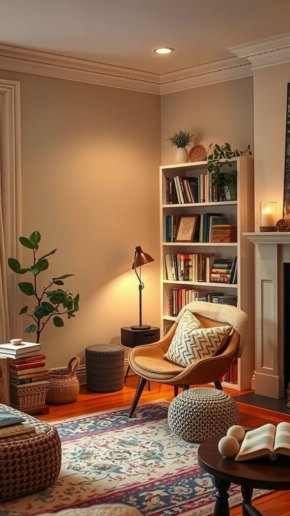 A cozy reading nook with a comfortable chair, side table, and bookshelves filled with books.