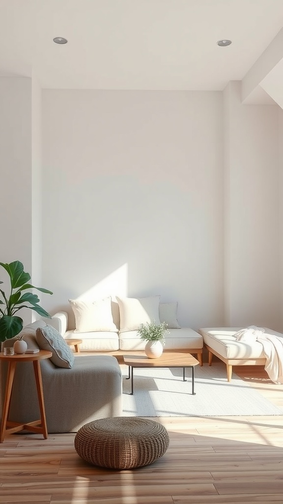 A minimalistic living room with a light-colored sofa, wooden coffee table, and a potted plant, bathed in natural light.