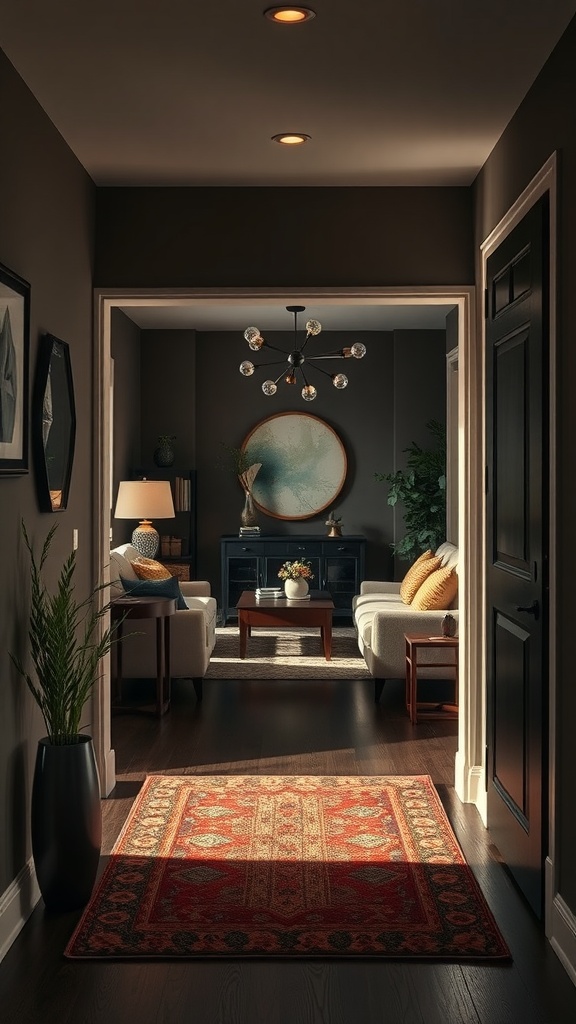 An inviting entryway with dark walls, a colorful rug, and cozy seating.