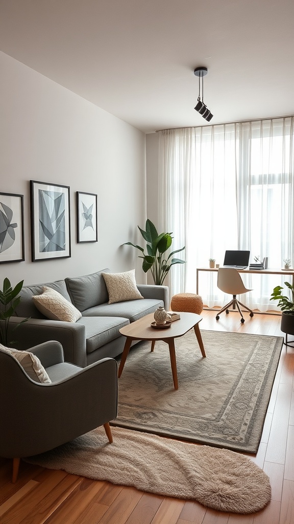 A stylish small living room featuring a gray sofa and area rugs that create cozy zones.