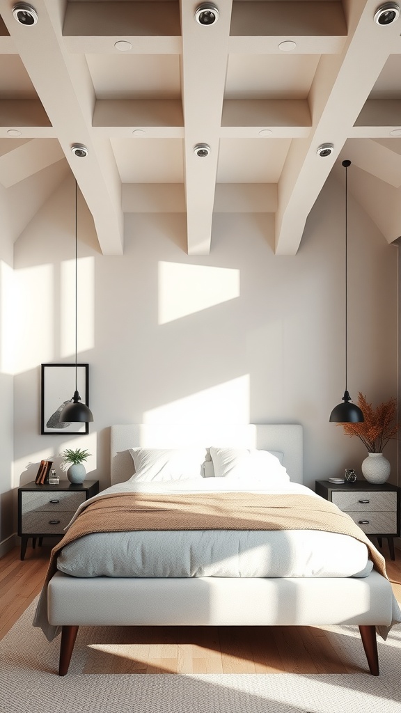 A beautifully designed bedroom with a coffered ceiling, pendant lights, and warm natural light.