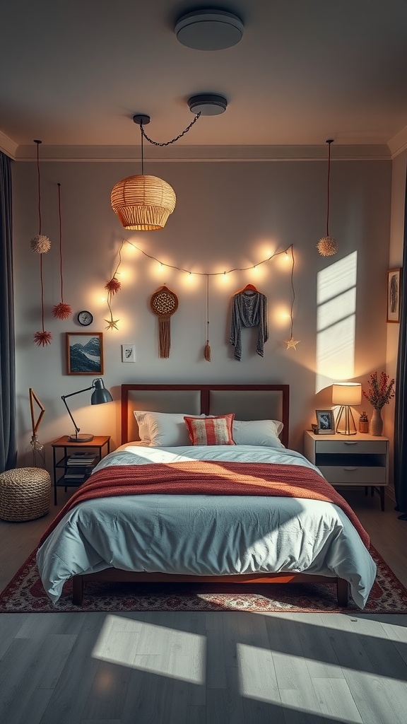 A well-decorated bedroom featuring teal walls, a wooden bed, and various wall art.