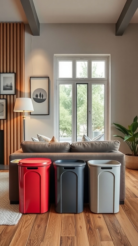 A modern living room featuring stylish recycling bins and natural light.