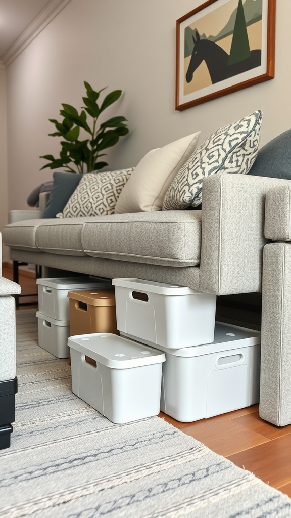 A cozy living room with a couch featuring storage bins underneath.