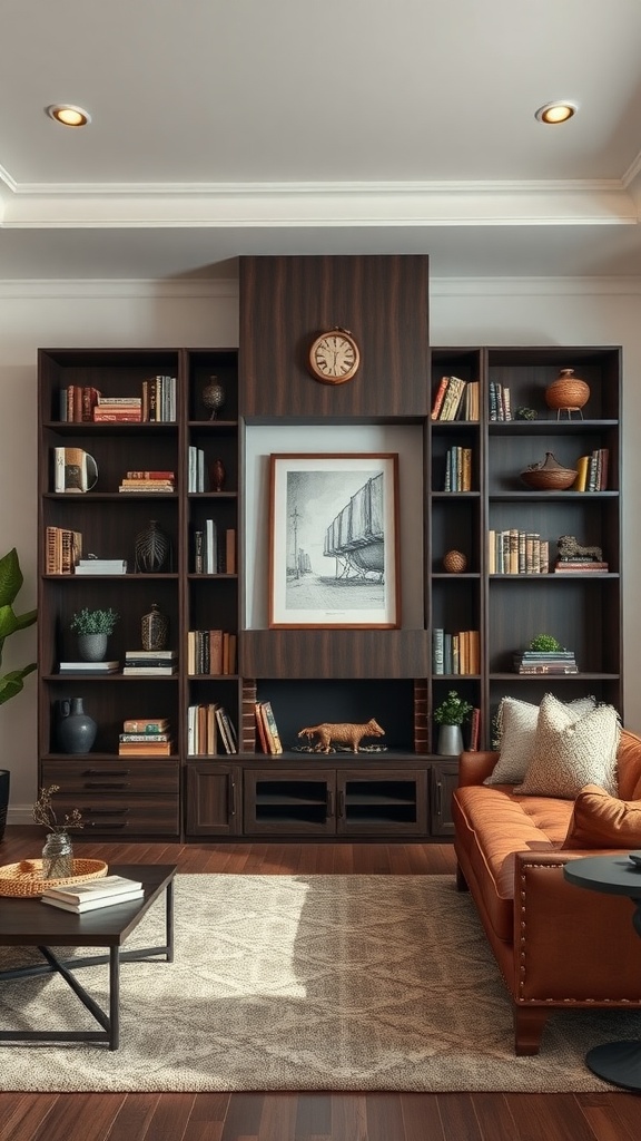 A dark earthy living room with a stylish bookshelf, displaying books and decorative items, complemented by a comfortable sofa and a cozy layout.