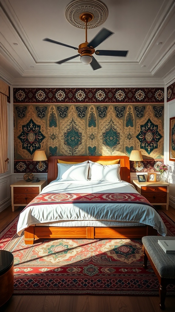 A cozy bedroom with a cultural fusion design featuring a comfortable bed, colorful artwork, and warm lighting.