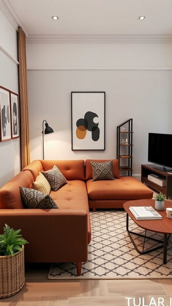 Cozy and stylish small living room featuring a modular sofa, coffee tables, and decorative plants.