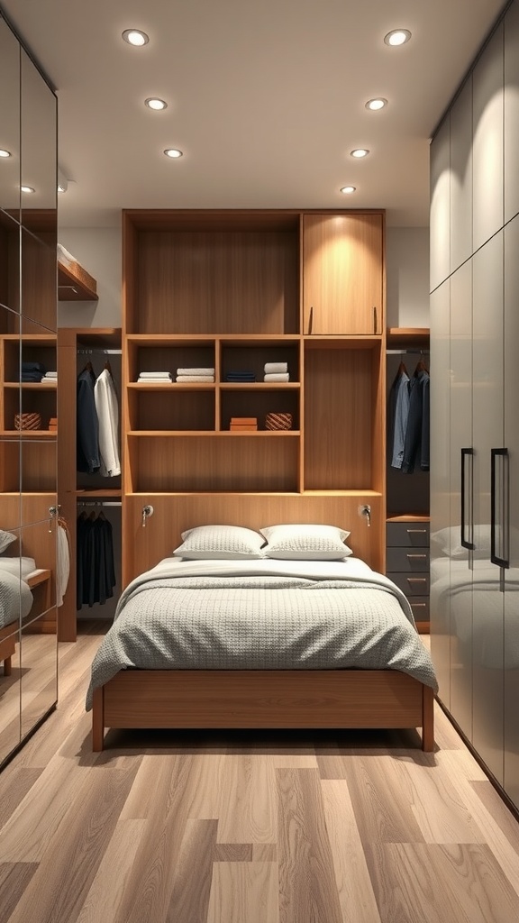 Modern bedroom with organized closet and wooden elements.