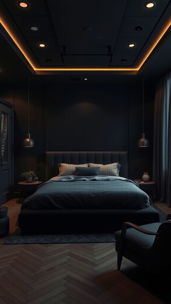 A dark and stylish bedroom with a large bed, warm lighting, and elegant decor.