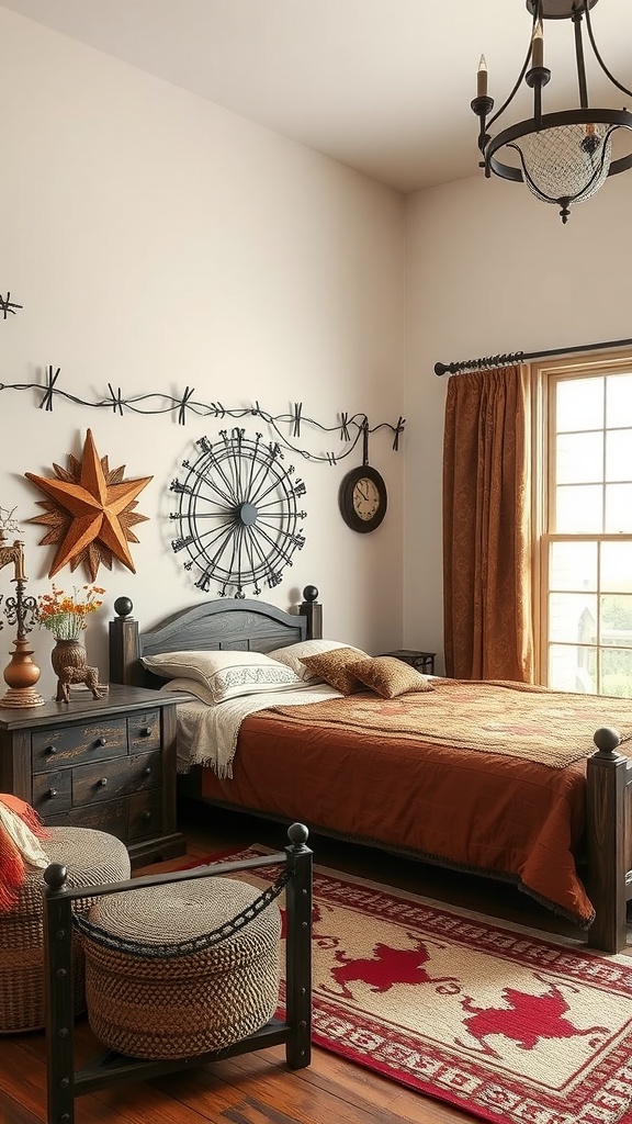 A western bedroom featuring decorative barbed wire elements on the wall.