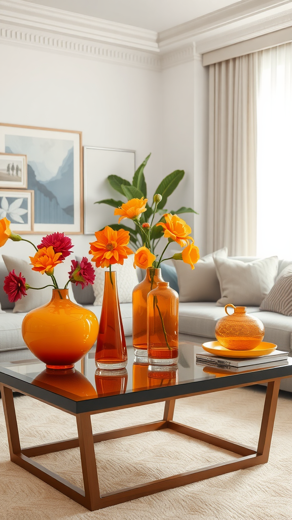 A stylish living room with decorative orange vases holding flowers on a coffee table.