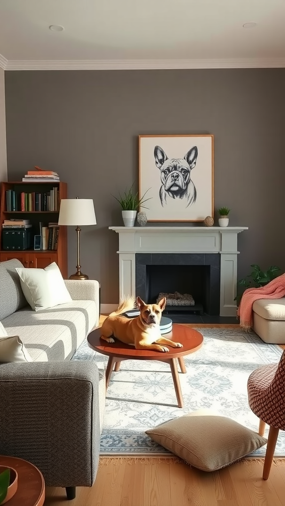 A stylish living room with a dog, featuring a comfortable sofa, plants, and a coffee table.