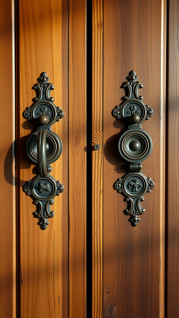 Close-up of ornate door handles on wooden doors