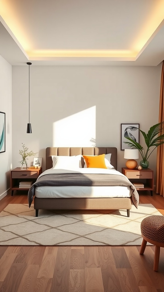 A cozy and modern bedroom featuring a plush bed, warm colors, and natural light.