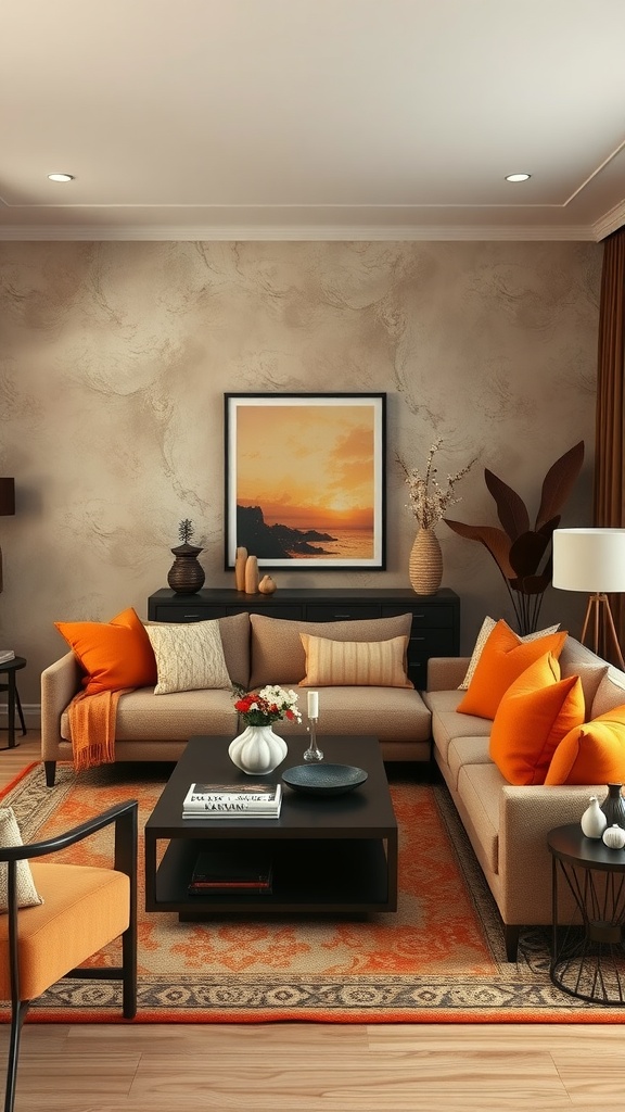 Living room with earthy tones and orange accents, featuring a beige wall, orange pillows, and a sunset painting.