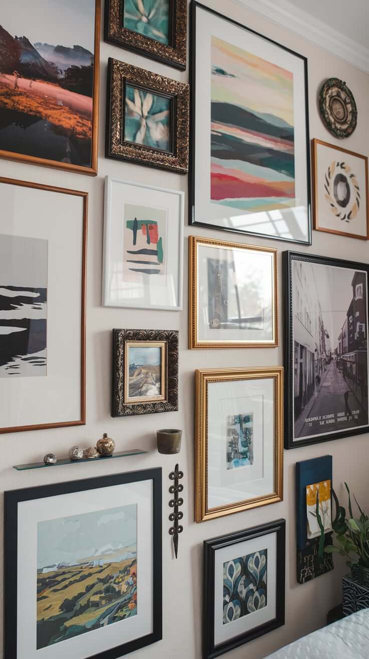 Eclectic art display on a bedroom wall featuring various framed artworks and photographs.