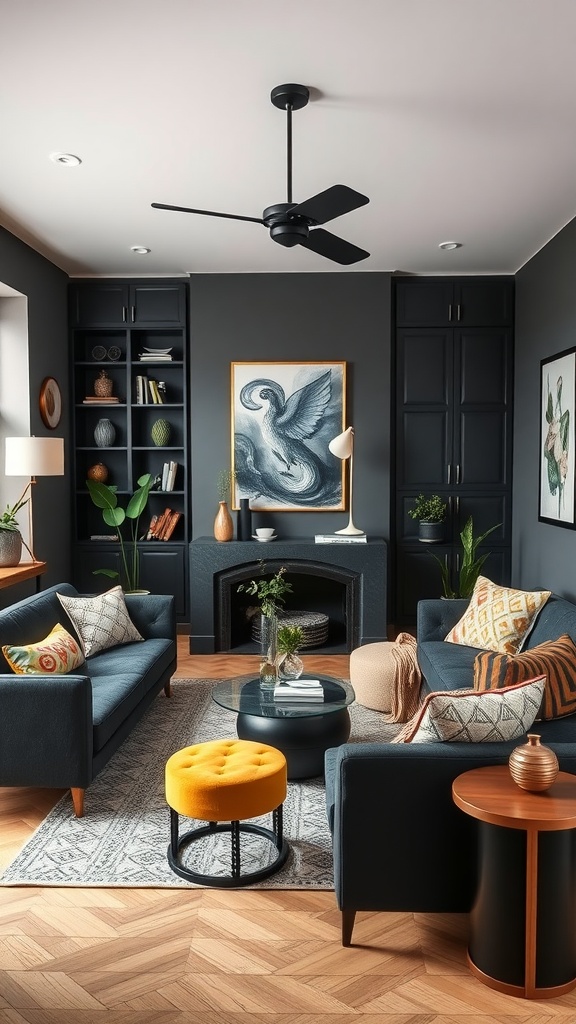 A stylish black living room featuring dark walls, colorful pillows, a yellow ottoman, and artistic decor.