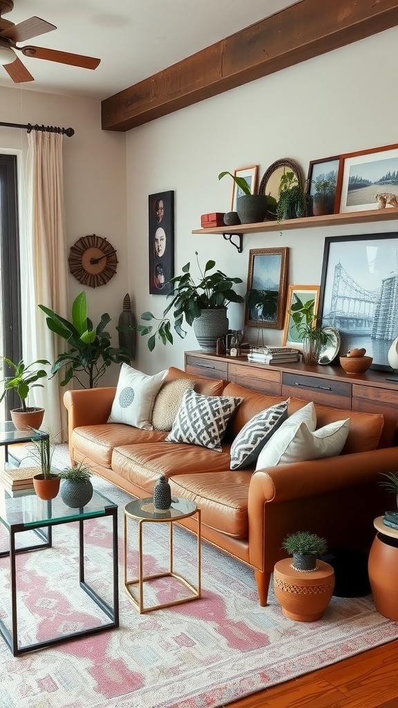 Cozy living room with eclectic decor, featuring art on the walls, plants, and comfortable furniture.