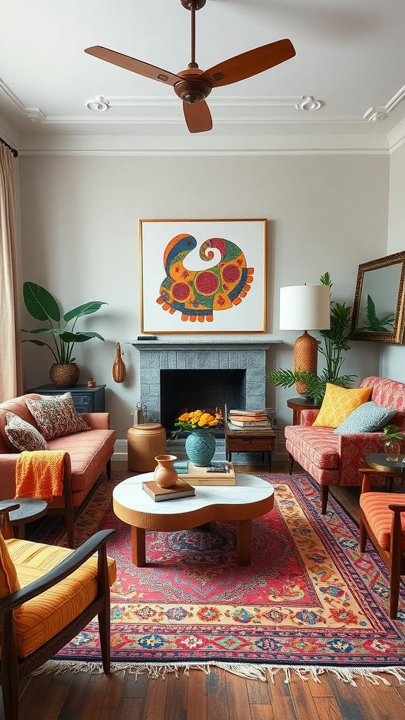 A cozy living room featuring eclectic furniture combinations, including a vintage chair, modern sofa, and vibrant decor.