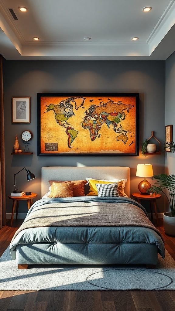 A colorful eclectic bedroom featuring a gallery wall of global art, a cozy bed with bright cushions, and unique floor designs.