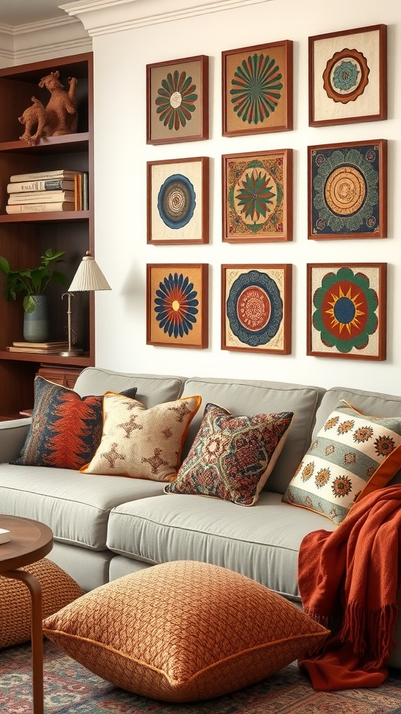 A cozy living room with a variety of throw pillows and blankets in dark earthy tones