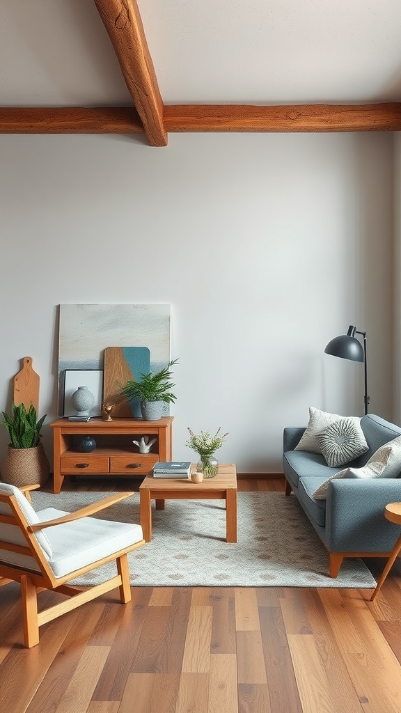 A modern living room with wooden furniture and plants.