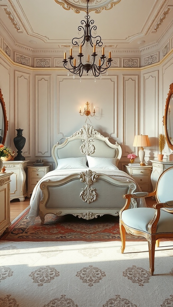 A beautifully designed bedroom with a chandelier, ornate bed, and elegant furniture in French country style.