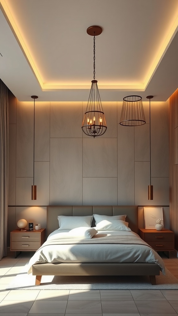 Stylish bedroom with elegant lighting fixtures including pendant lights and LED ceiling lighting.