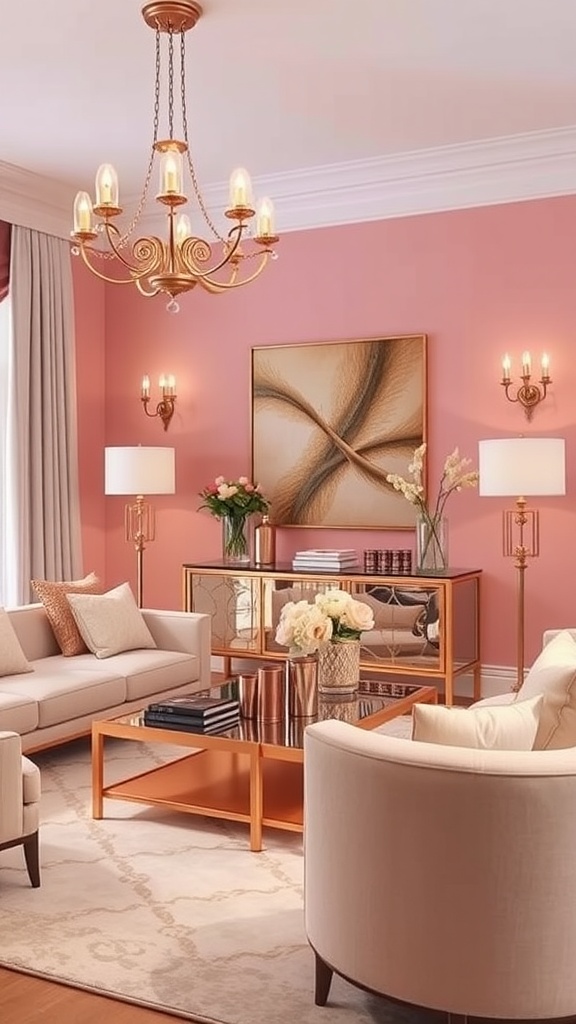 A stylish pink living room featuring rose gold accents with sofas, lamps, and a coffee table.