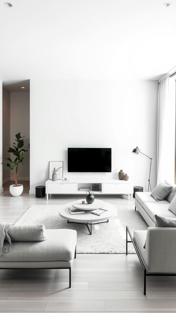 A minimalist living room with neutral colors, simple furniture, and a touch of greenery.