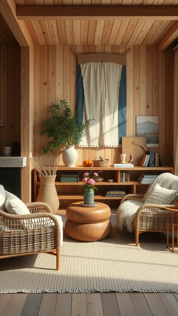 Cozy living room with natural textures, wooden walls, woven chairs, and a potted plant.