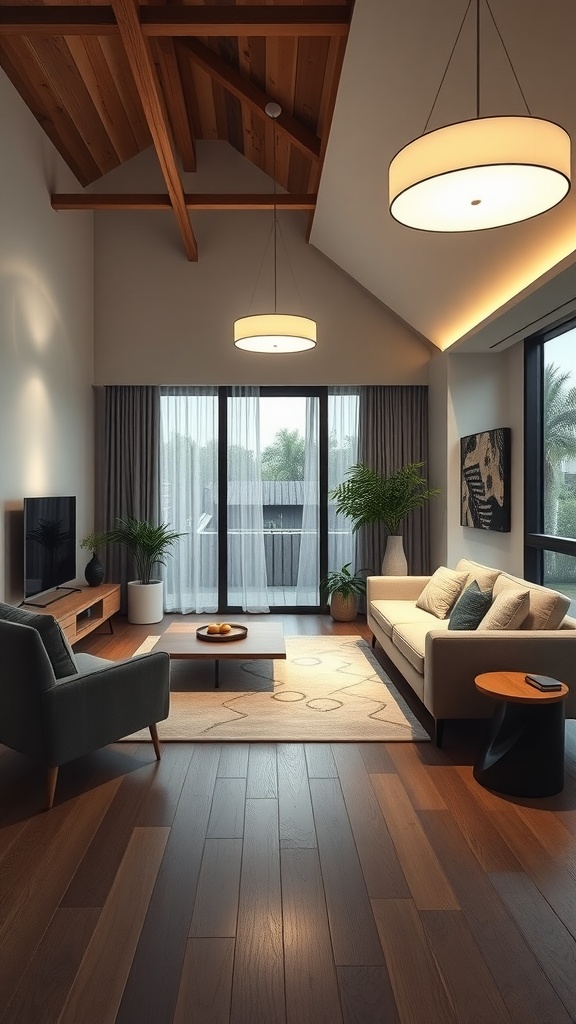 A modern living room with large windows, energy-efficient lighting, and plenty of greenery.